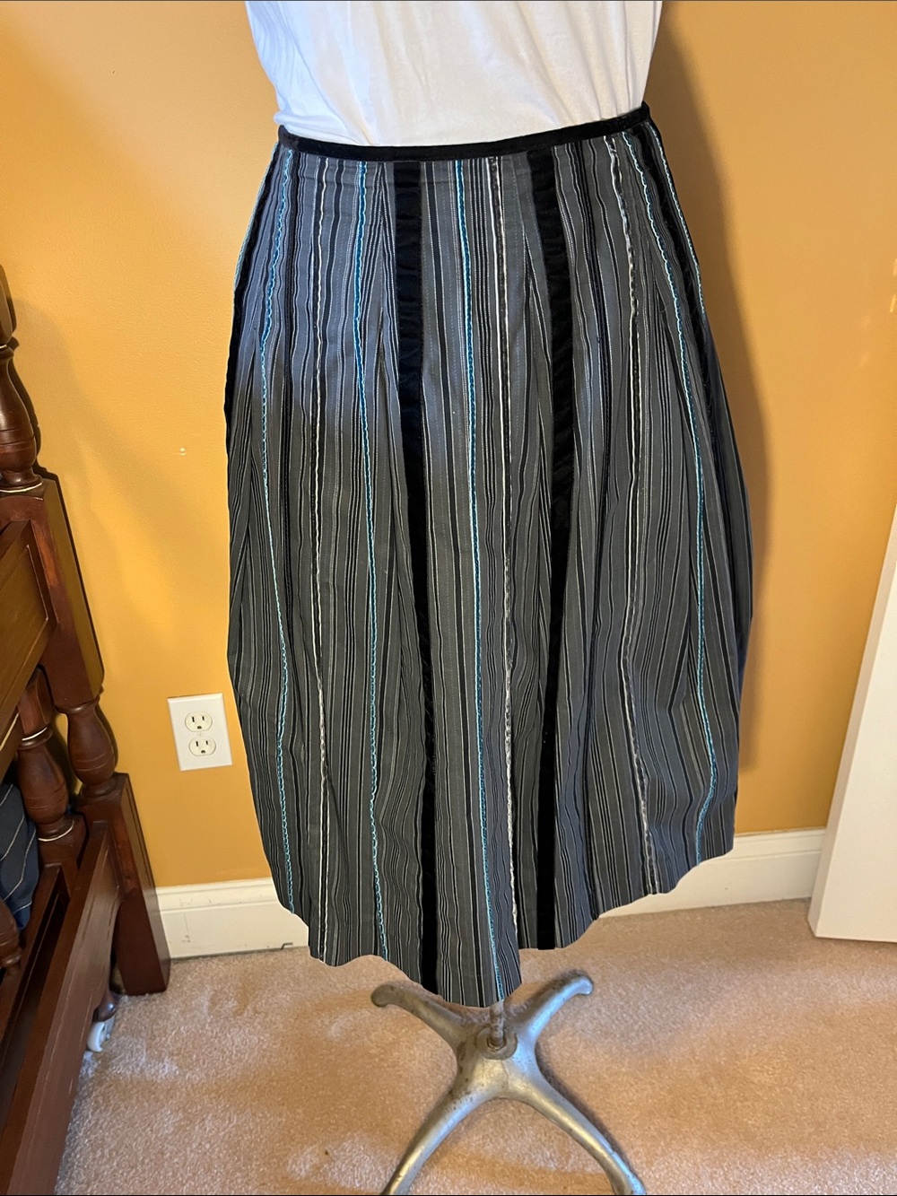 Talbots Black & Gray A-Line Midi Skirt with Velvet Black and Blue Pinstripes